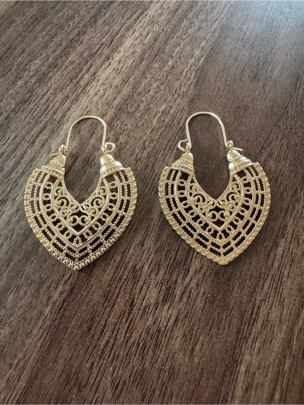 Intricate Gold Filigree Heart Drop Earrings for Women